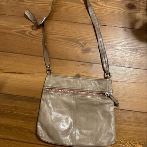 Hobo soft leather crossbody beige with red floral pattern interior purse